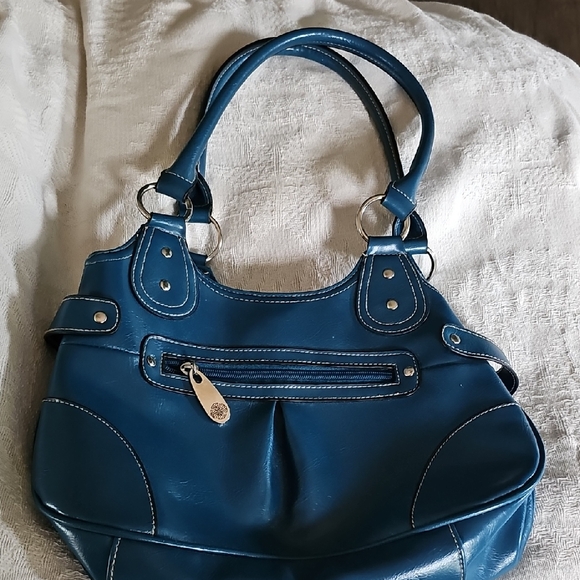 TREVISO Classic Blue Turquoise Leather Shoulder Bag with Metallic Accents Purse - Picture 1 of 14